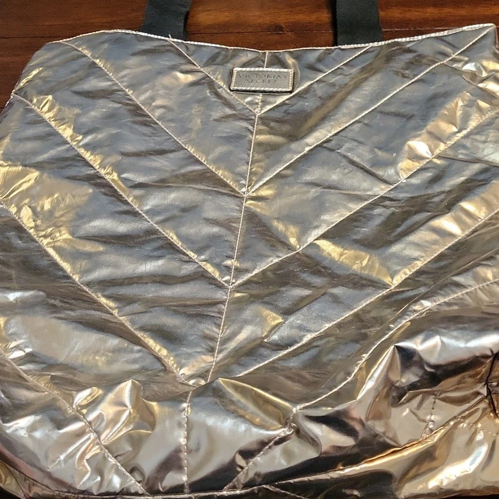 Victoria's Secret Shiny Silver Tote with Black Handles (NEW) - Picture 2 of 6